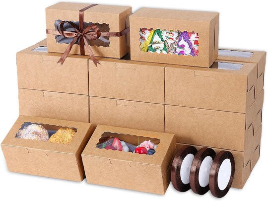 65 PCS Brown Bakery Boxes with Window 6.29 x 3.54 x 2.95 Inch Kraft Pastry Cookie Cupcake Cake Dessert Treat Gift Boxes with Ribbon for Parties Business and Takeout